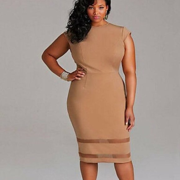 unbranded Dresses & Skirts - Ladies Dress Tan Cap Sleeves Knee Length See-Thru Bands Size14-16 BNWT